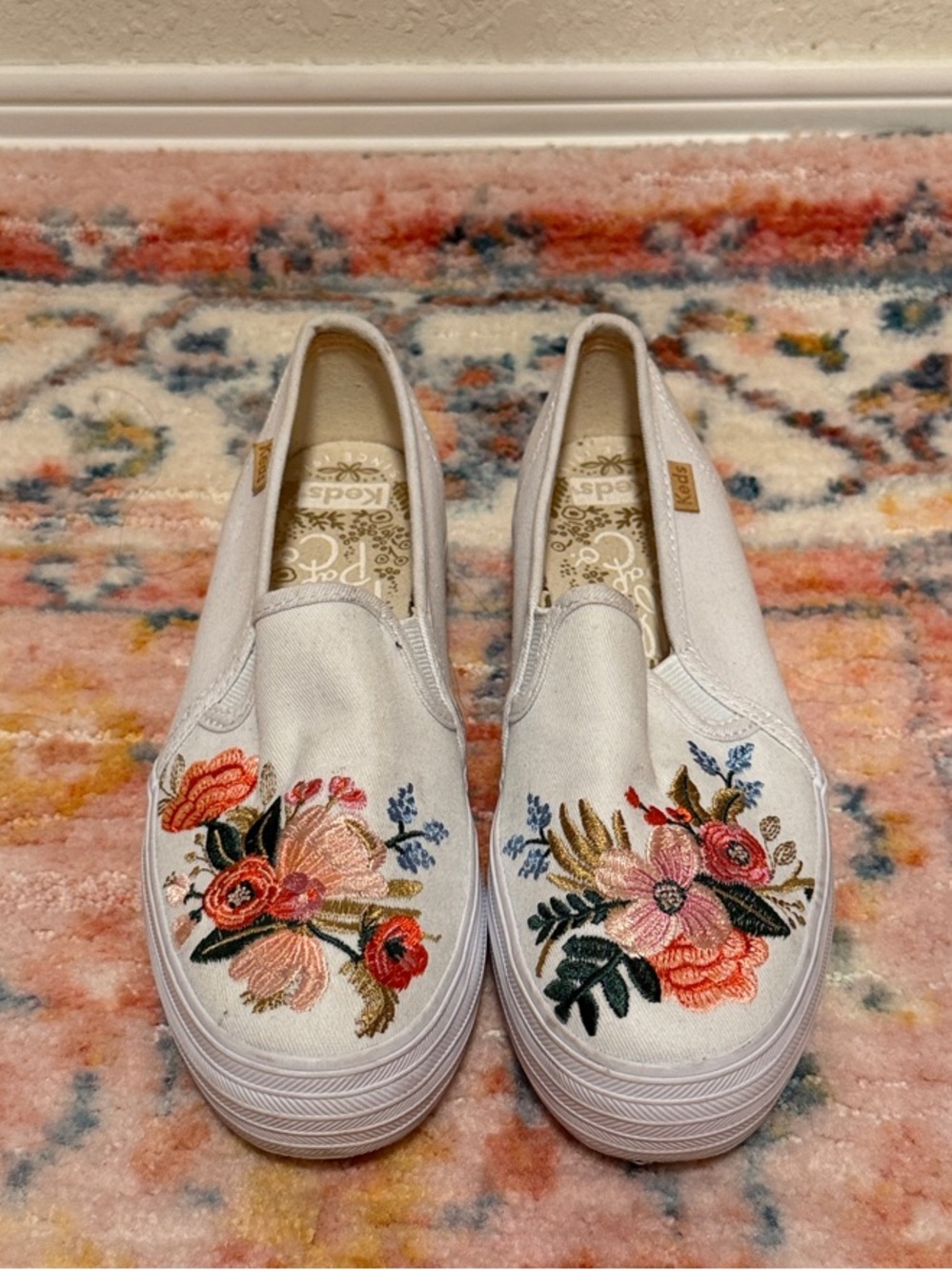 Keds White Slip-On Sneakers with Pink, Coral & Green Embroidered Floral Design